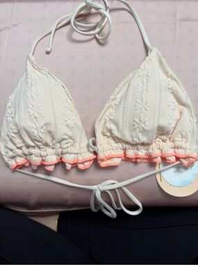 Altar'd State Ivory Triangle Bikini Top with Coral Trim